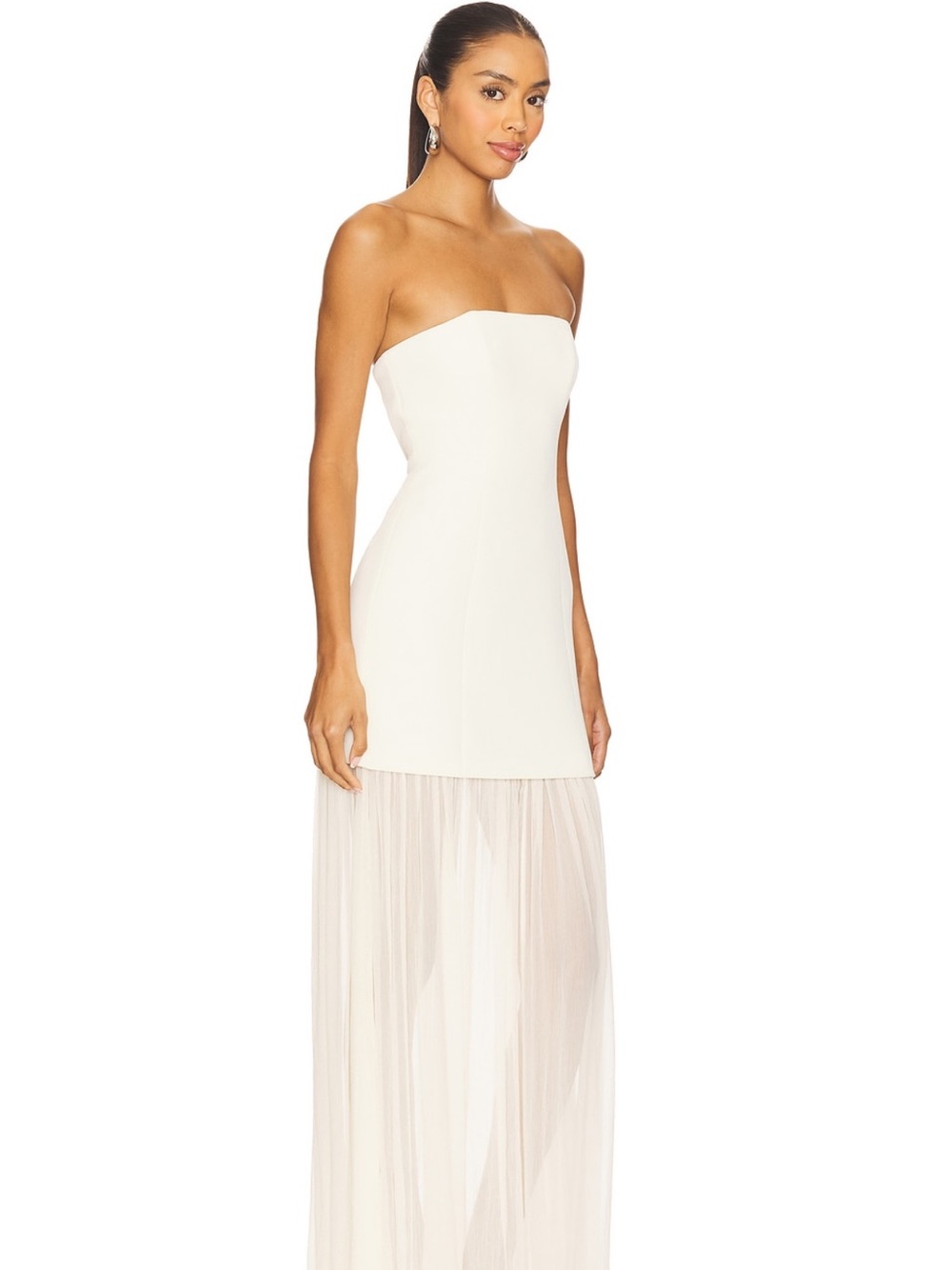 Strapless Sheer-Skirt Maxi Dress in Ivory